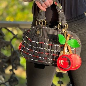 Betseyville by Betsy Johnson Denim Zebra Cherry Handbag, Oversized Cherry Charms